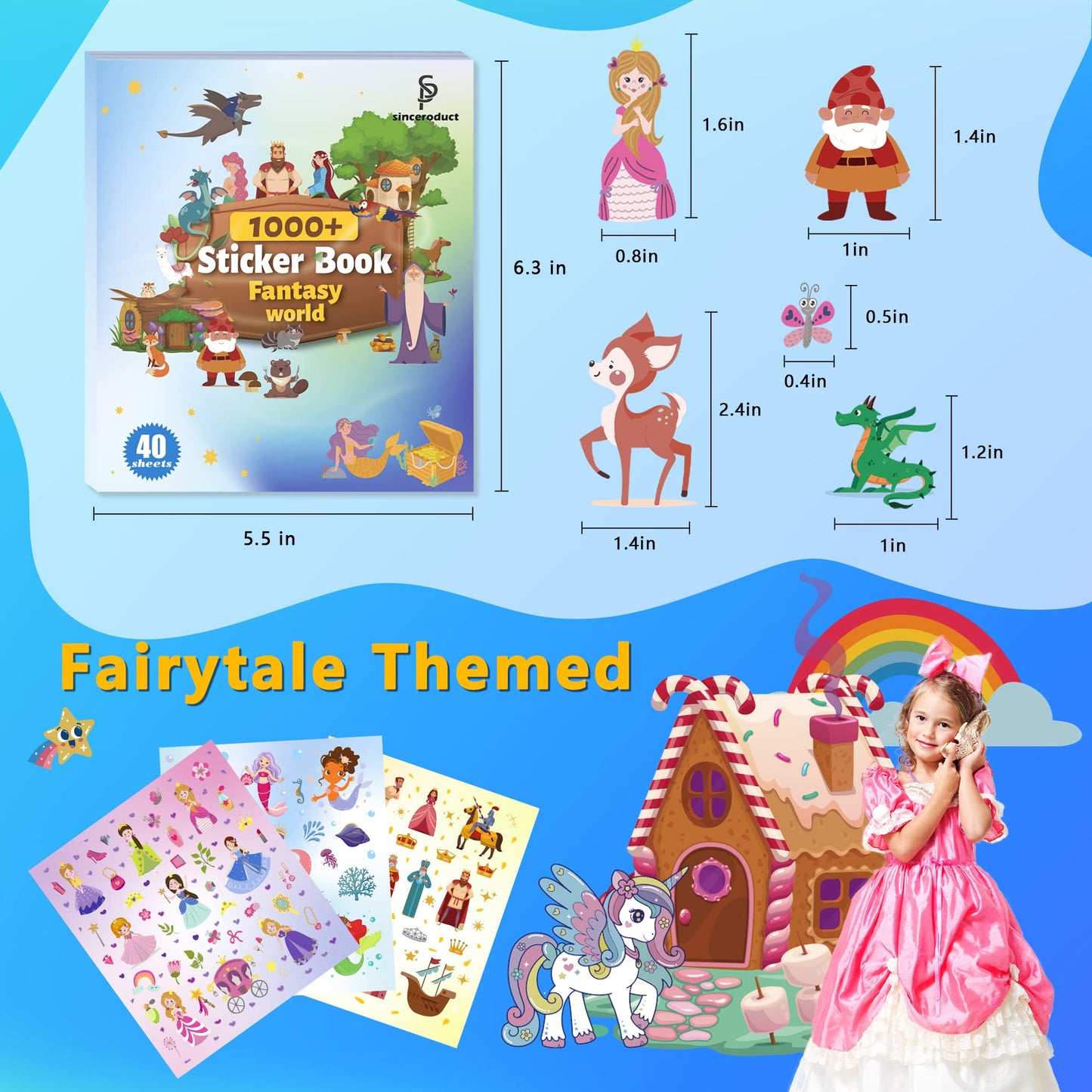Sinceroduct Stickers For Kids - 40 Sheets Different Magic Fairy Tale Stickers, Sticker Book With 1000+ Cartoon Patterns, 20 Them
