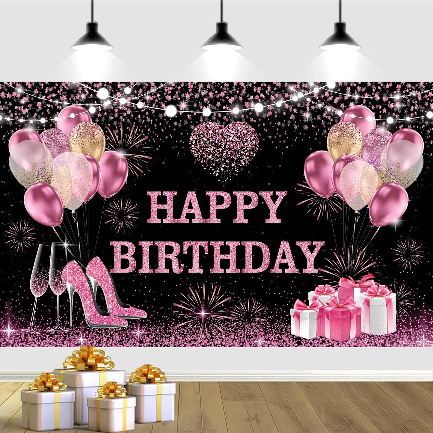 YinQin 180x120 cm Pink Gold Happy Birthday Backdrops Cloth 71x47 in. Birthday Photography Backgrounds Glitter Black Rose Gold Bi