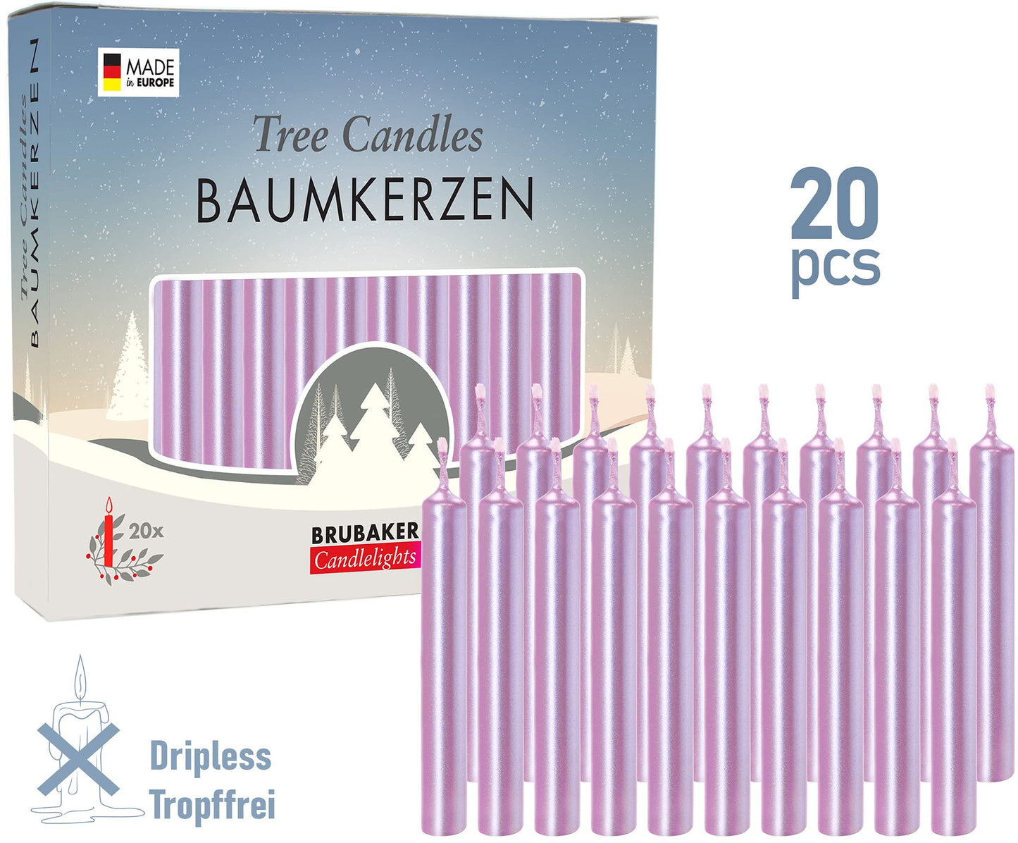 BRUBAKER Tree Candles - Pack of 20 - Purple - 3 x  Inches - Made in Europe - Christmas Wax Candles for Pyramids, Carousels & Chi