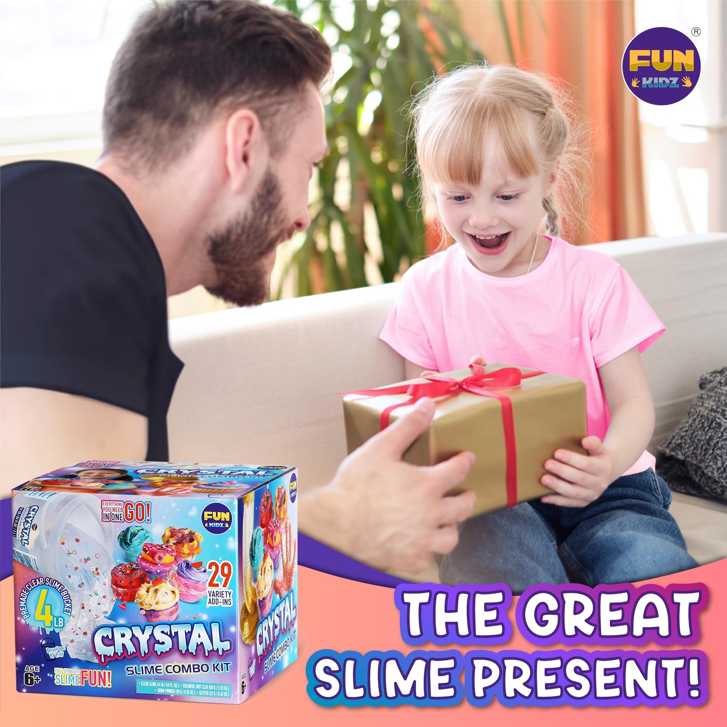 FUN KIDZ 4 LB Huge Glassy Clear Slime Bucket Toy - 64 FL OZ Premade Crystal Slime Kit with 29 Add-ins for Kids Party Fun