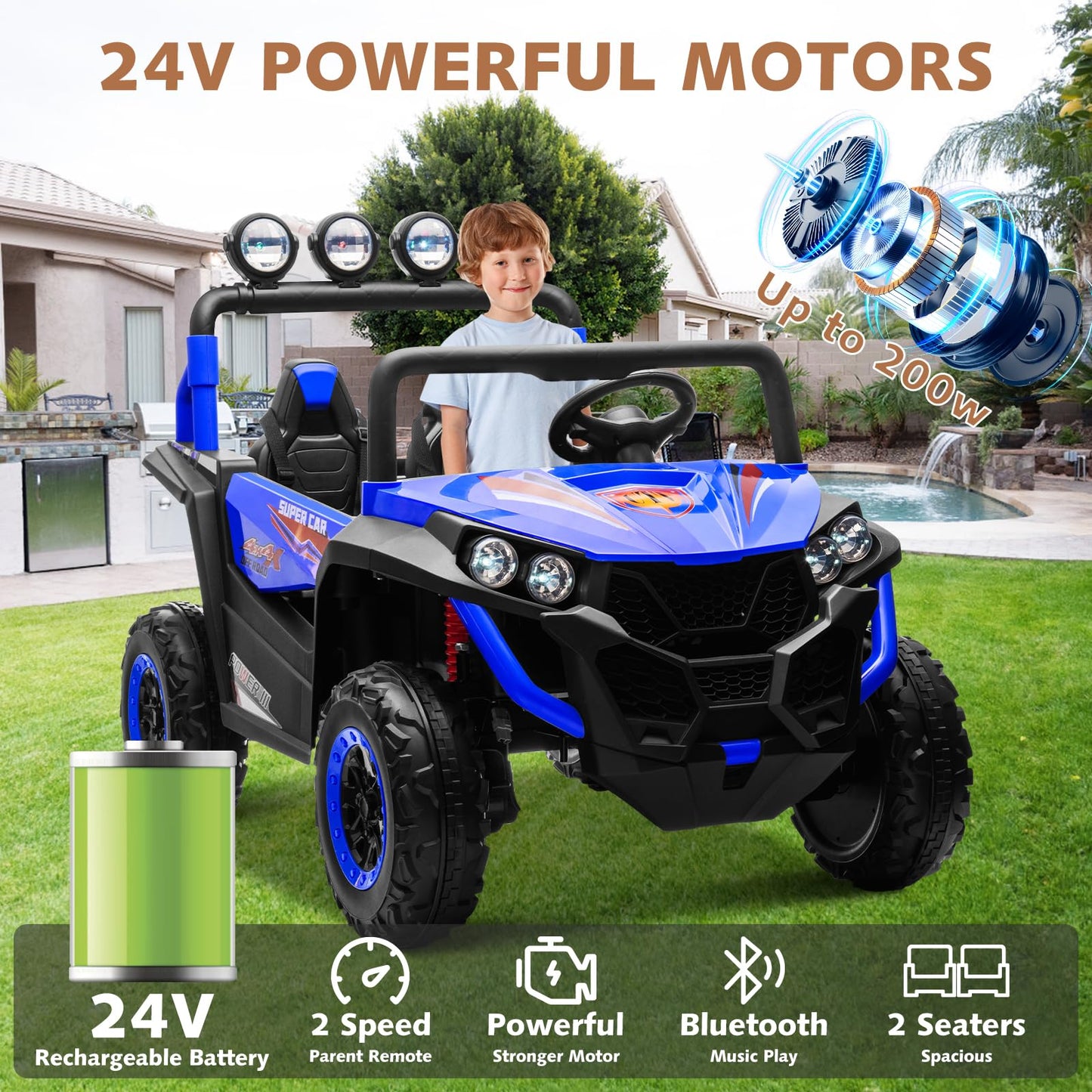 ALINUX 24V 4WD Ride on Car for Kids, 2 Seater Electric Cars Vehicles for Kids 3-8 Years with Remote Control, Bright LED Light, B
