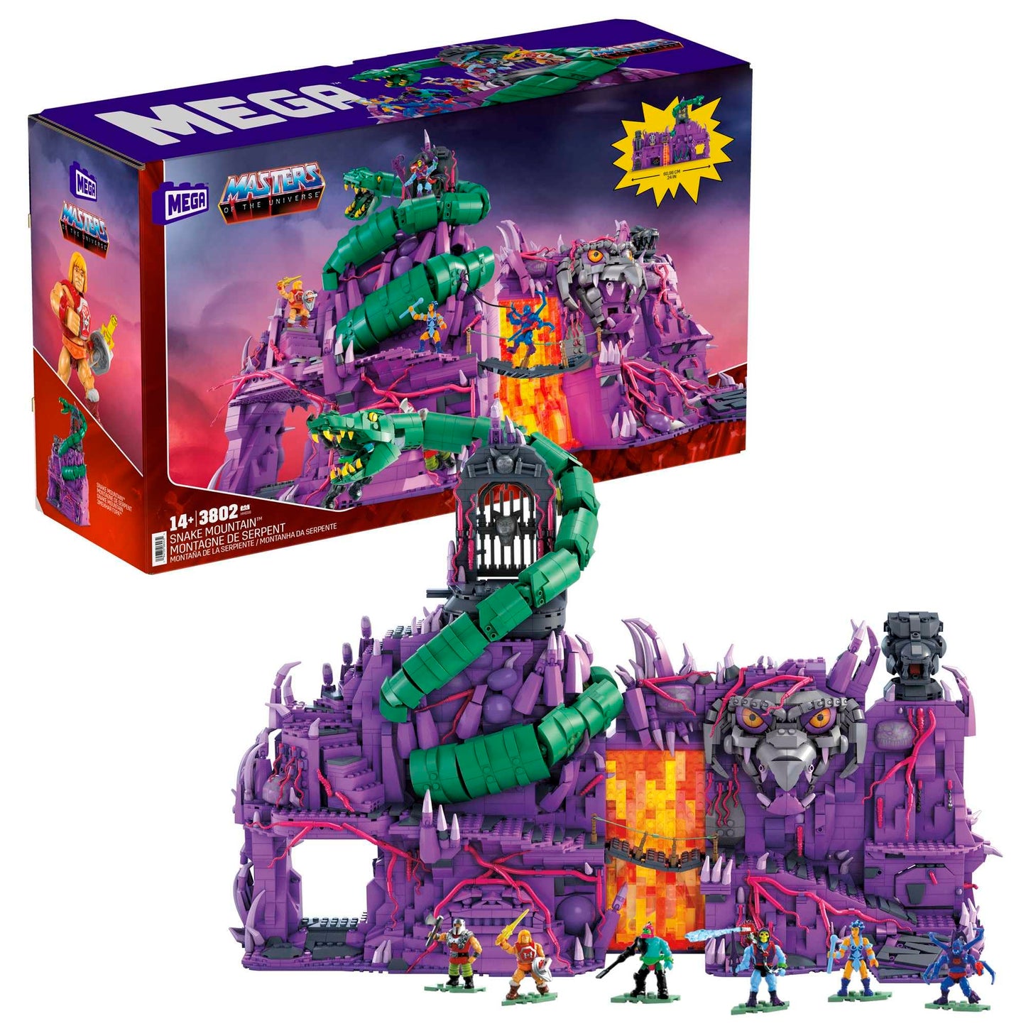 Mega Masters of The Universe Building Toys Set - Snake Mountain, 3802 Pieces, 24" Wide, 6 Micro Action Figures, Multicolor, Model HHD16
