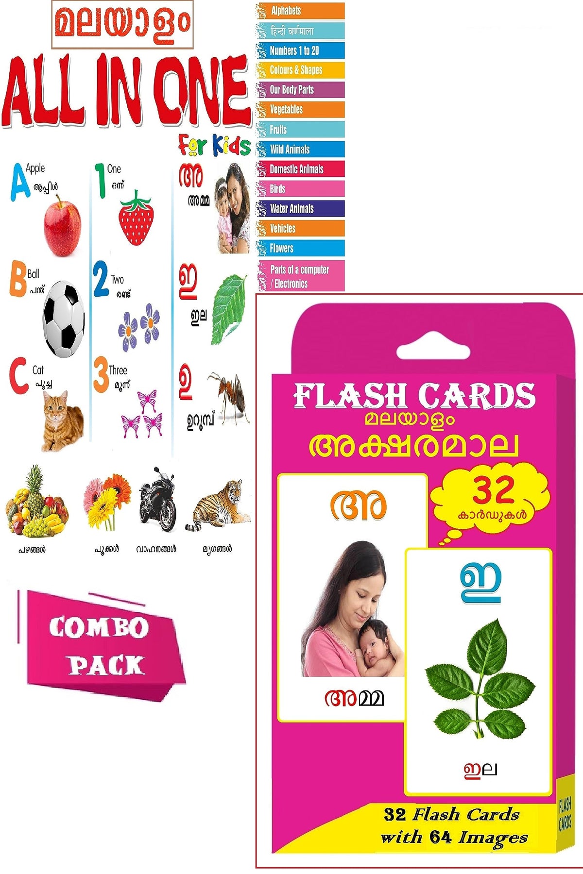 Combo Pack  Malayalam All In One & Malayalam Flash Card | Early Learning On Malayalam Alphabets, Numbers, Fruits, Colors, Parts