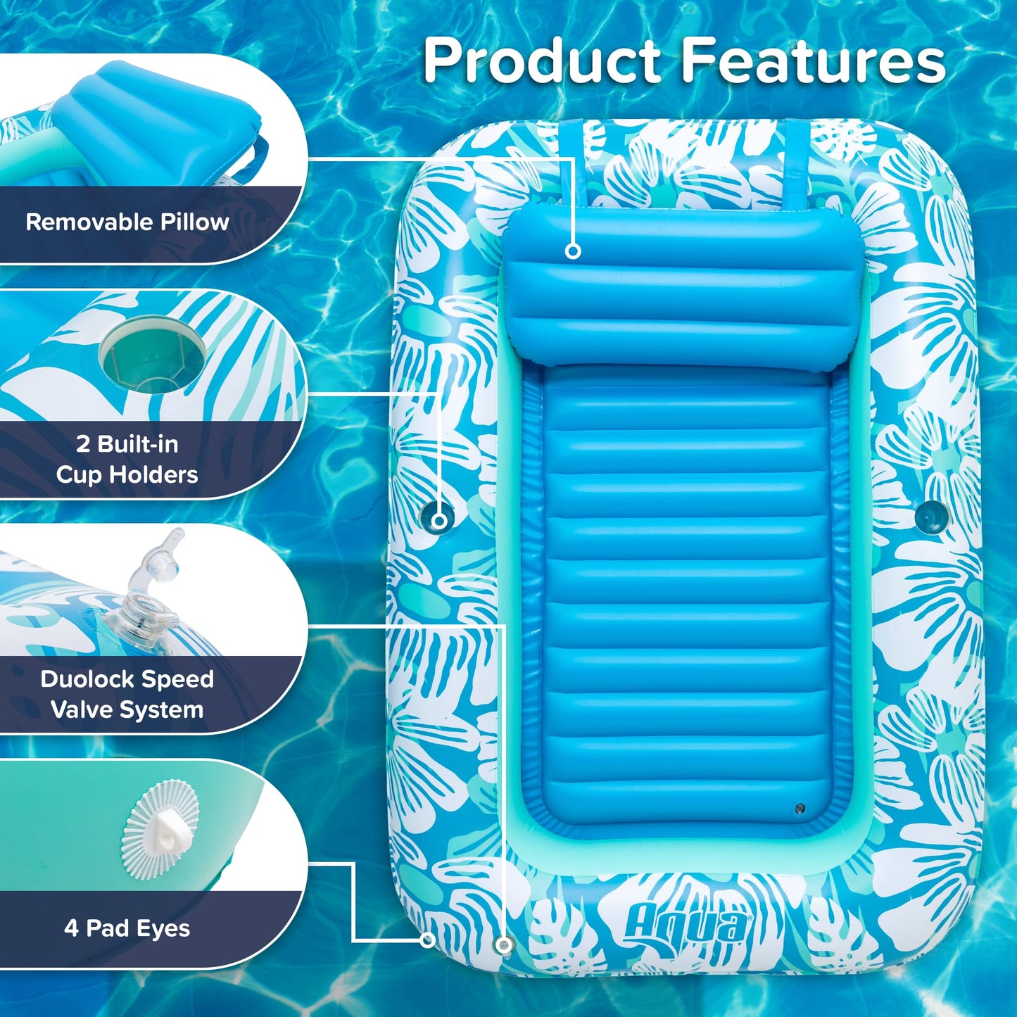 Aqua Inflatable Tanning Pool Lounger - Large (71 x 48 in) - enhanced Pool Float with Cupholders and Removeable Pillow for Relaxation and Fun  Blue Flowers Pattern