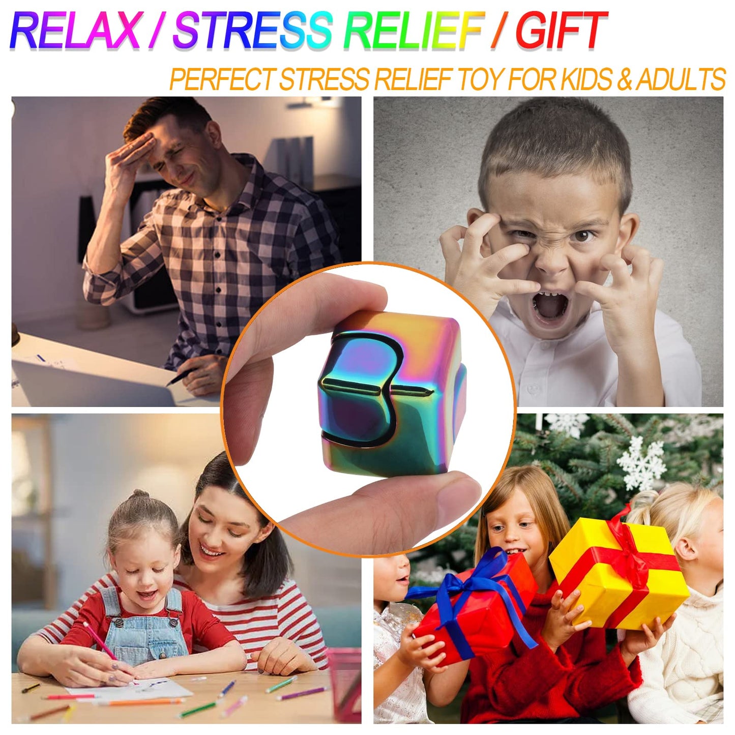 Qlkunla Fidget Cube Spinner Anti-Anxiety Focusing Fidget Toys Edc Fidgets Spinner 4-In-1 Toy Metallic Focus Toy Cube Finger Top Desktop Adhd Stress Relieve Toys For Kids And Adults (Rainblow)