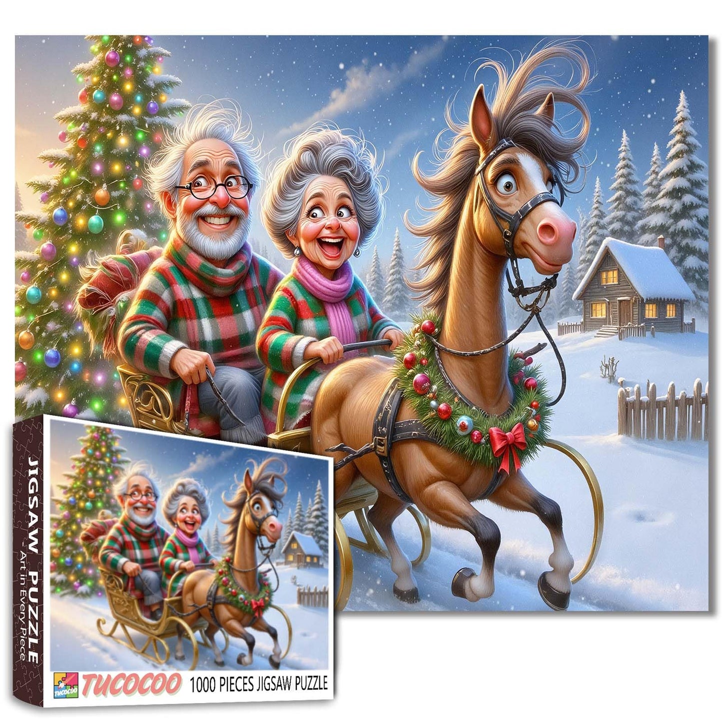 Romantic Couple 1000 Piece Jigsaw Puzzles for mature-themed Christmas Trees Jigsaw Puzzle Horse and Wooden House 1000 Pieces Puzzles 20''x27 inch Xmas DIY Craft Puzzle Art Home Wall Decor Family Challengings