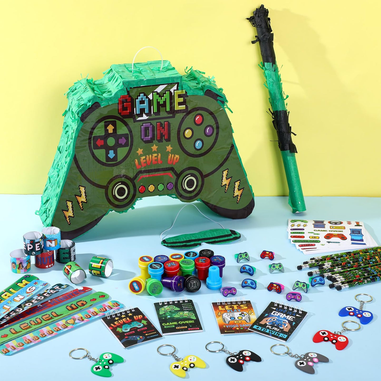 Spakon 113 Pcs Video Game Piata Video Game Birthday Party Supplies Piata Set 16 Mini Notebook 16 Pencil 16 Keychain 16 Silicone