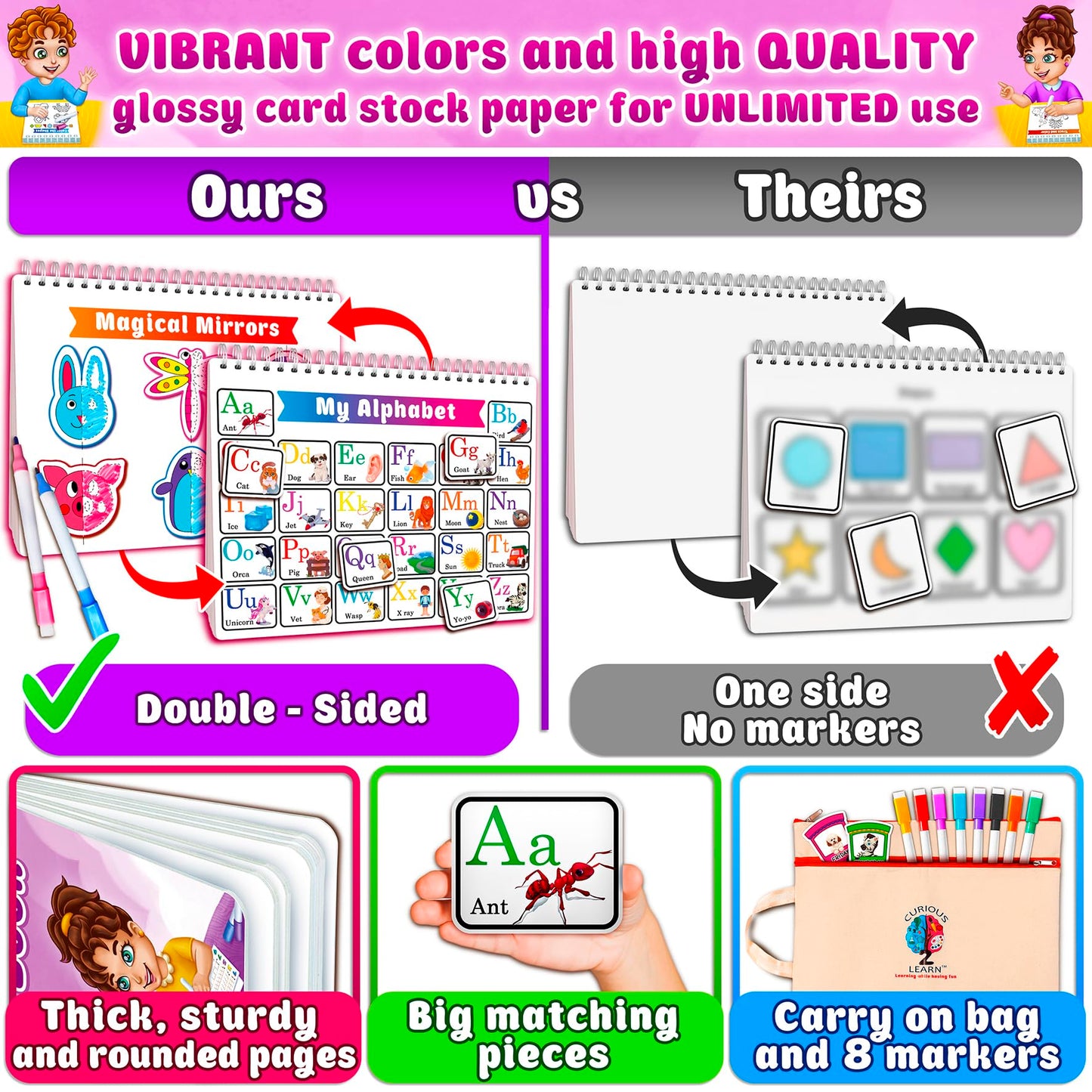 Curious 2 Learn Montessori Preassembled Busy Book For Toddlers Ages 3 And Up, Pre K Preschool Learning Activities Book - Autism Sensory Learning & Education Toys Kindergarten Workbook (Pink)