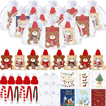 Poen 24 Set Christmas Gift 4 Inch Mini Christmas Stuffed Plush Bear With Santa Hat Scarf Christmas Cards Organza Bags Xmas Stuff