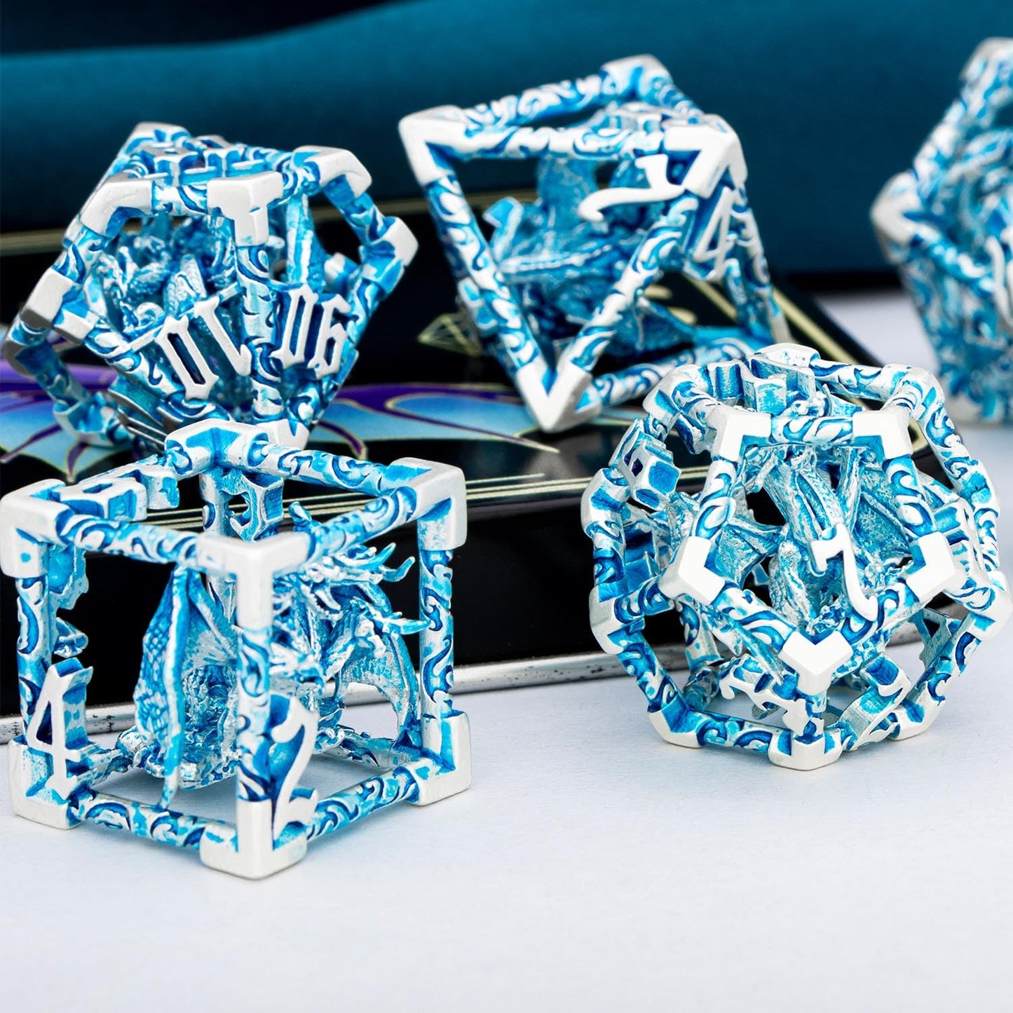 ARUOHHA Hollow DND Dice Set Silver Blue 5-Headed Dragon D and D Dice with Gift Box, Dungeons and Dragons Role Playing Games 7PCS
