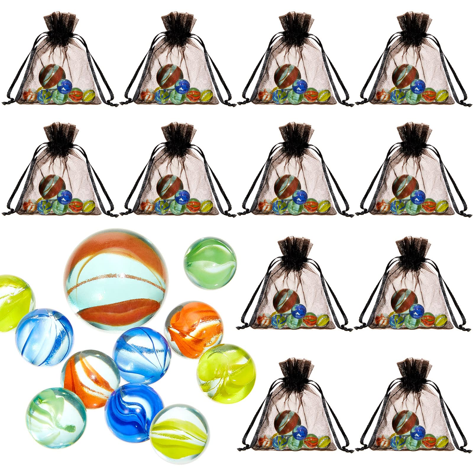 Pack Of 12 Marble Game Sets, Bag Of Marbles Glass Marble Pack Fun Shooter Marbles With Black Drawstring Storage Bag For Indoor A