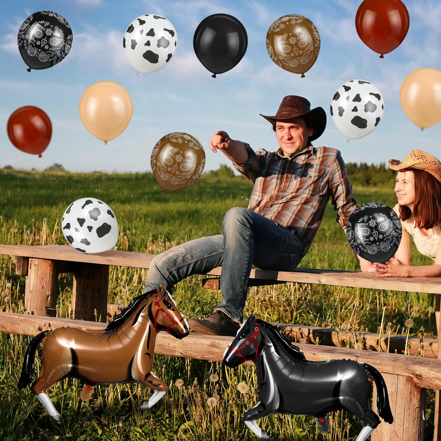 Hungdao 52 Pcs Western Party Horse Balloons Cowboy Decoration Kit Rodeo Farm Bandana Cowgirl Foil Latex Balloons Bulk For Baby Shower Birthday Arch Decor(Dark Series)
