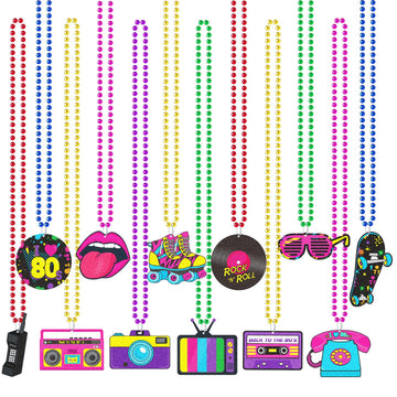 Tigeen 48 Pcs 80s Beaded Necklaces Metallic Neon Beads Retro Glow Party Disco Necklaces Bulk Colorful Rock Music Necklace for Wo