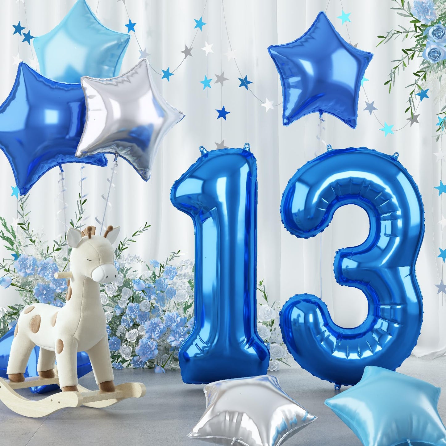 Dark Blue Foil Balloon Number 13, 40 Inch Giant Globos Azules Light Metallic Blue Mylar Balloon, Royal Blue Silver Star Self Inf