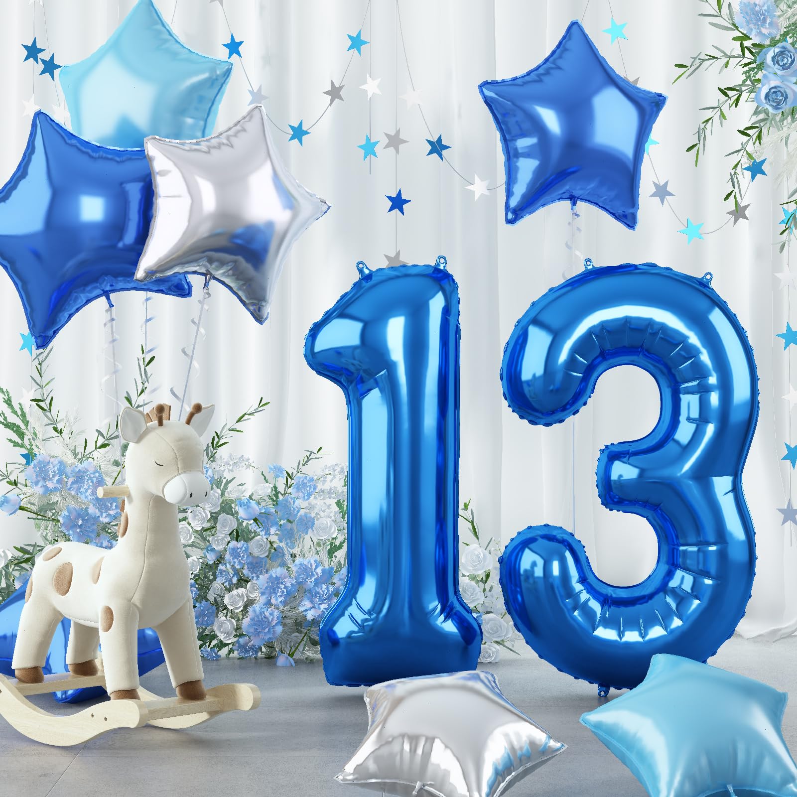 Dark Blue Foil Balloon Number 13, 40 Inch Giant Globos Azules Light Metallic Blue Mylar Balloon, Royal Blue Silver Star Self Inf