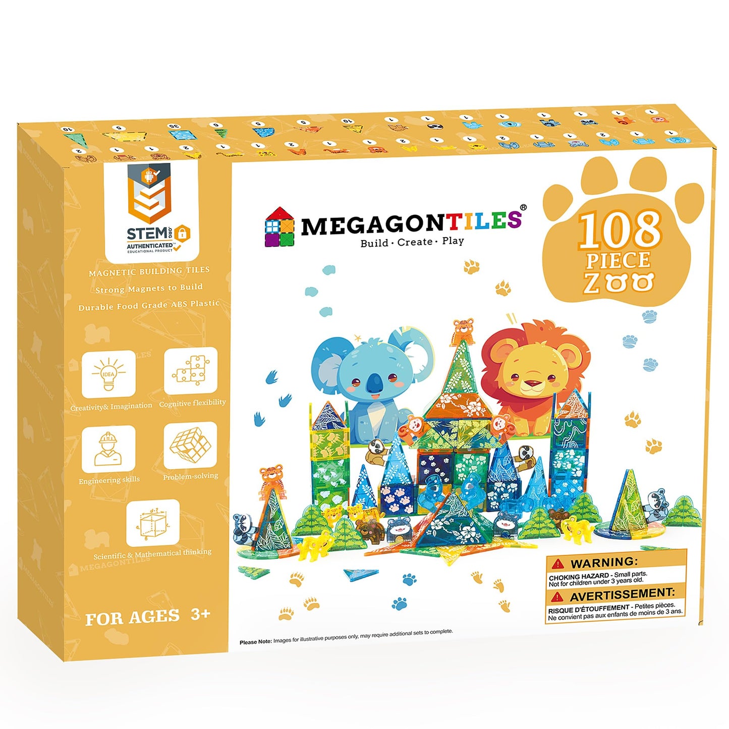 Megagontiles 108 Pcs Zoo Animals Magnetic Tiles Set | Magnet Building Blocks Farm World Toys | Stem Authenticated| Magnetic Animals For Kids Age 3 4 5 6 7 8 Toddlers Boys Girls