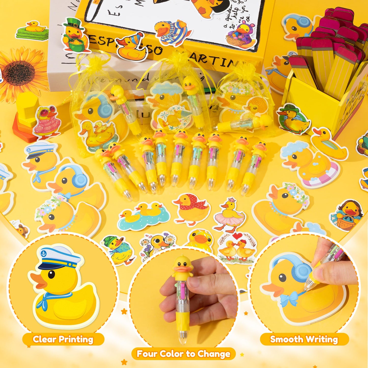 CY2SIDE Yellow Rubber Duck Stationery Gift- 24 Pack Yellow Cute Animal 4-in-1 Duck Ballpoint Pens with Sticky Notes Stickers and