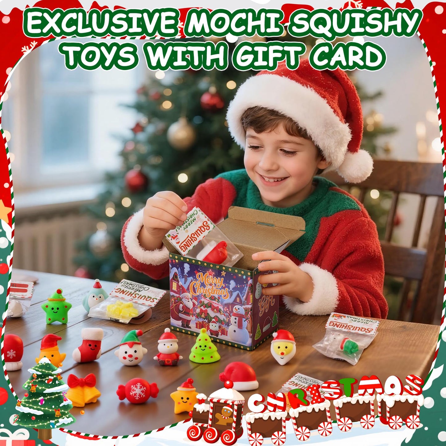 Christmas Mochi Squishy Toys 24 Pack with Gift Card  Mini Squishy Toys  Christmas Stocking Stuffers  Party Favors for Kids  Stress Relief Toys  Goodie Bags Fillers (Christmas Red Box)