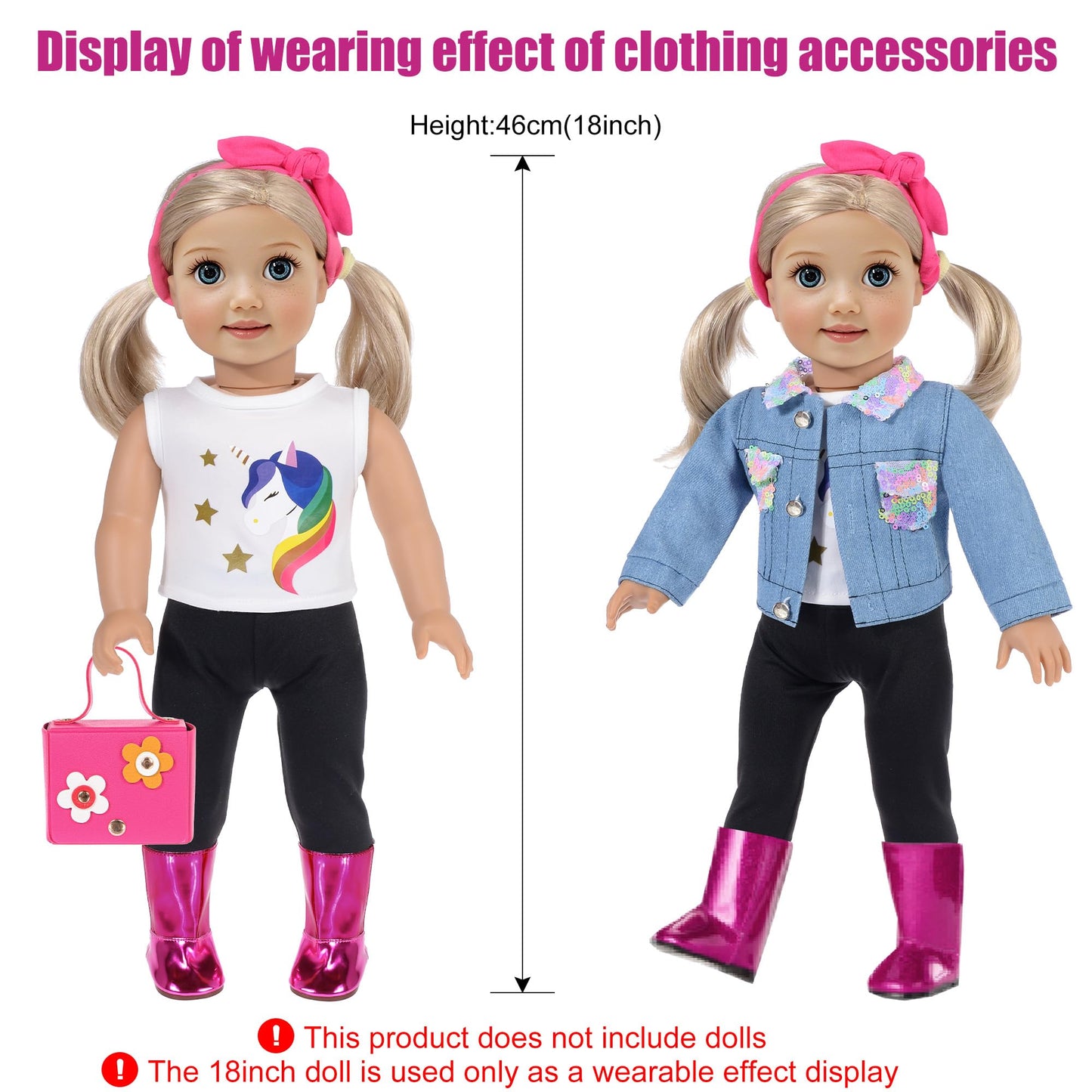 18 Inch Girl Doll Clothes And Accessories Case Luggage Travel Play Set Include Colorful Suitcase, Jeans Jacket, Top, Pants, Boots, Camera, Handbag ... (No Doll)