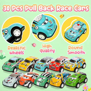 SevenQ Toy Cars for Kids Ages 4-8, 30Pcs Pull Back Cars Playses with Storage Bags, Race Car Party Favors for Toddler Boys Girls
