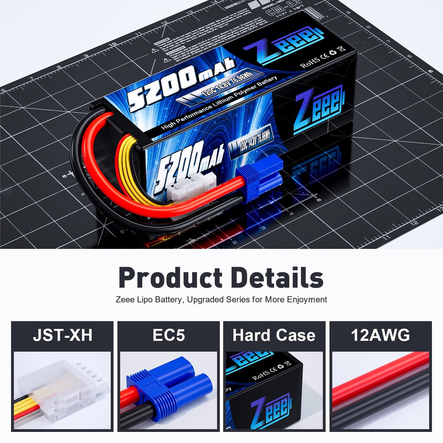 Zeee 4S Lipo Battery 5200mAh 14.8V 120C Hard Case Battery with EC5 Plug for RC Buggy Truggy 1/10 Scale Racing Truck Crawler Mons