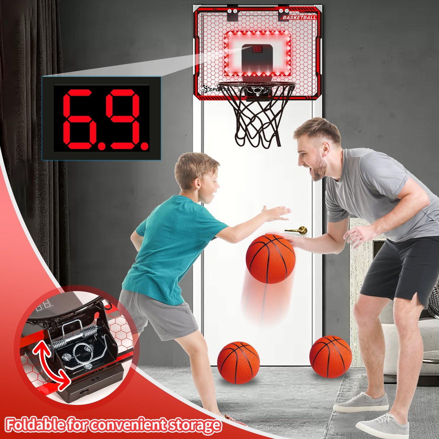 Neubsaw Basketball Hoop Indoor With Led Lights, Basketball Toys Gifts For 5 6 7 8 9 10+ Year Old Boys Kids, Indoor Over The Door