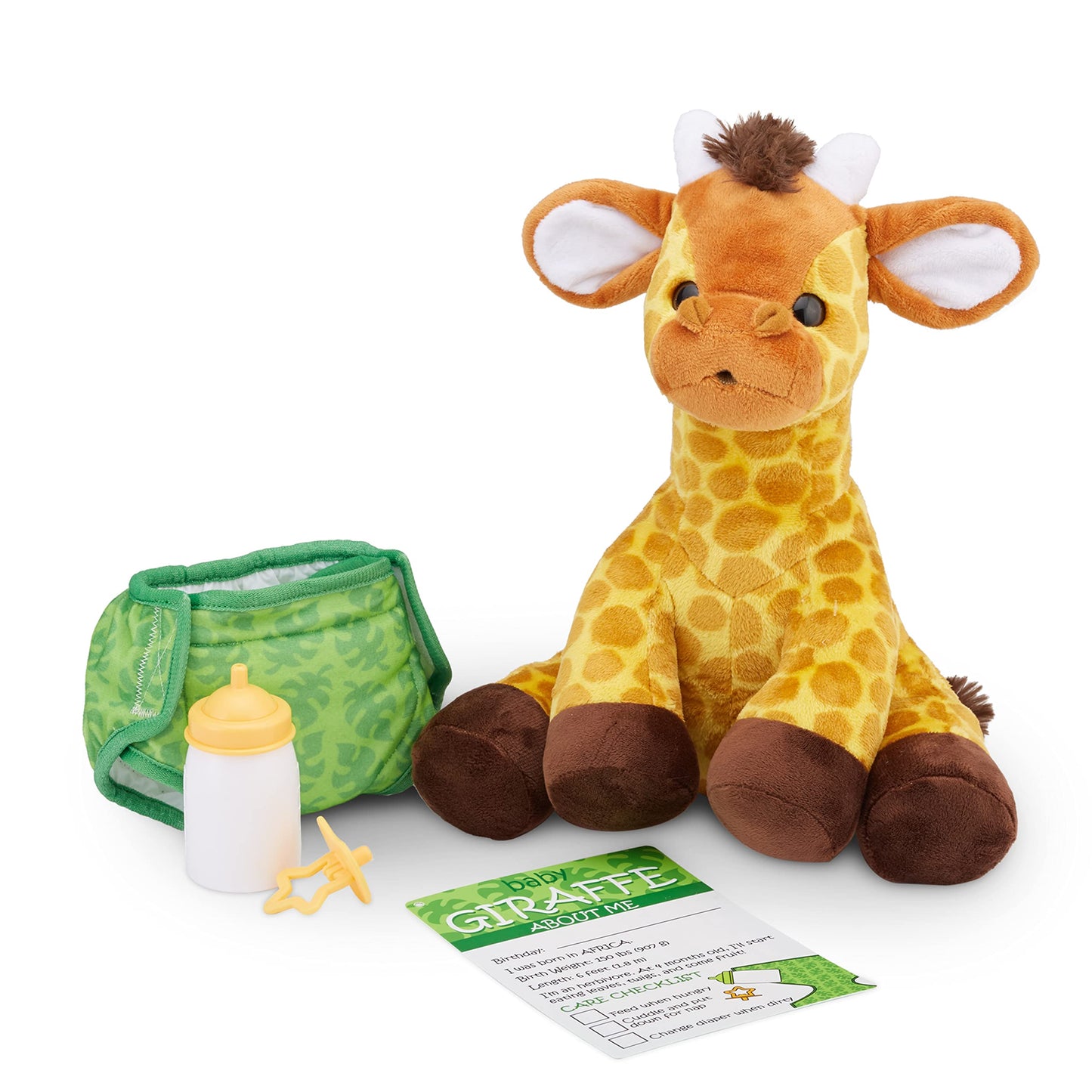 Melissa & Doug 11-Inch Baby Giraffe Plush Stuffed Animal - Multi-color Fabric with Pacifier, Diaper, Baby Bottle, Model 30452
