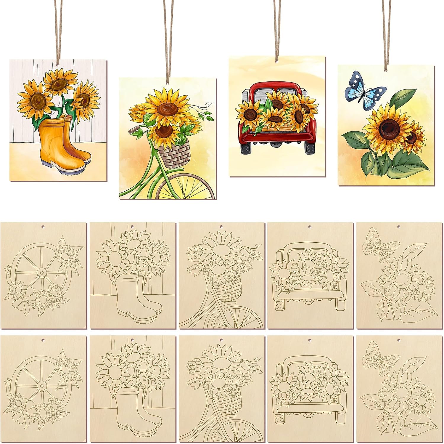 Curious Button Pack Of 10 Sunflowers Wooden Craft Painting Set | Unfinished Wood Slices For Kids & Adults | Diy Paintable Sunflo