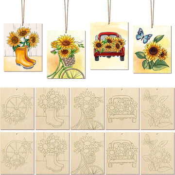 Curious Button Pack Of 10 Sunflowers Wooden Craft Painting Set | Unfinished Wood Slices For Kids & Adults | Diy Paintable Sunflo