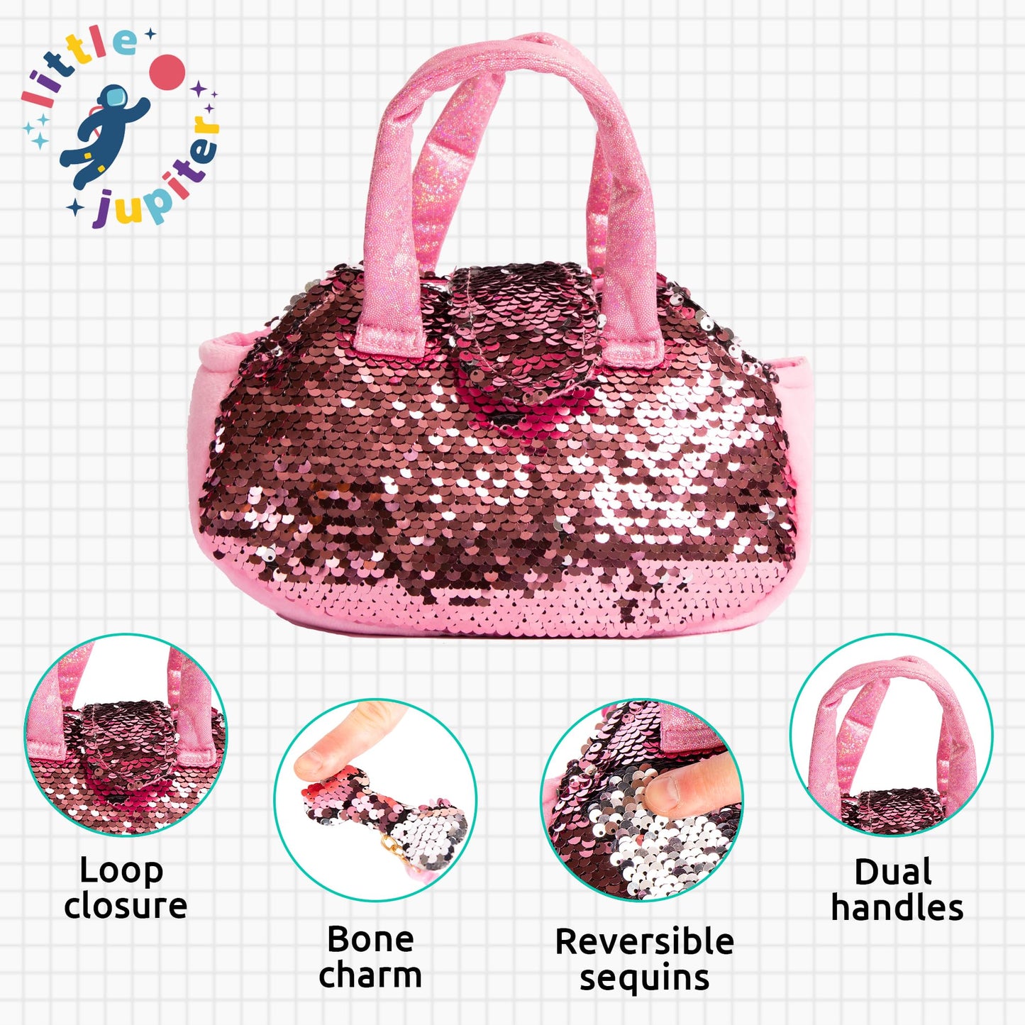Little Jupiter Plush Set - Reversible Sequins Purse & White Labradoodle Stuffed Animal Toy - 11 inches - Ages 4-7 - Model LJ-003-DOG-WHITE
