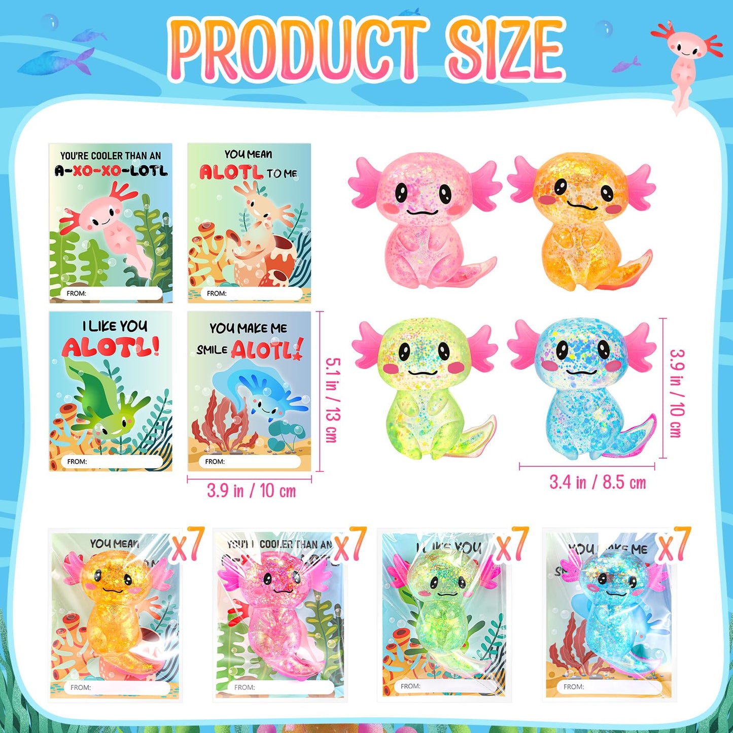 HyDren 28 Pcs Axolotl Sensory Fidget Toy with Cards Axolotl Party Favors Party Supplies Squeezes Toy for Birthday School Classro