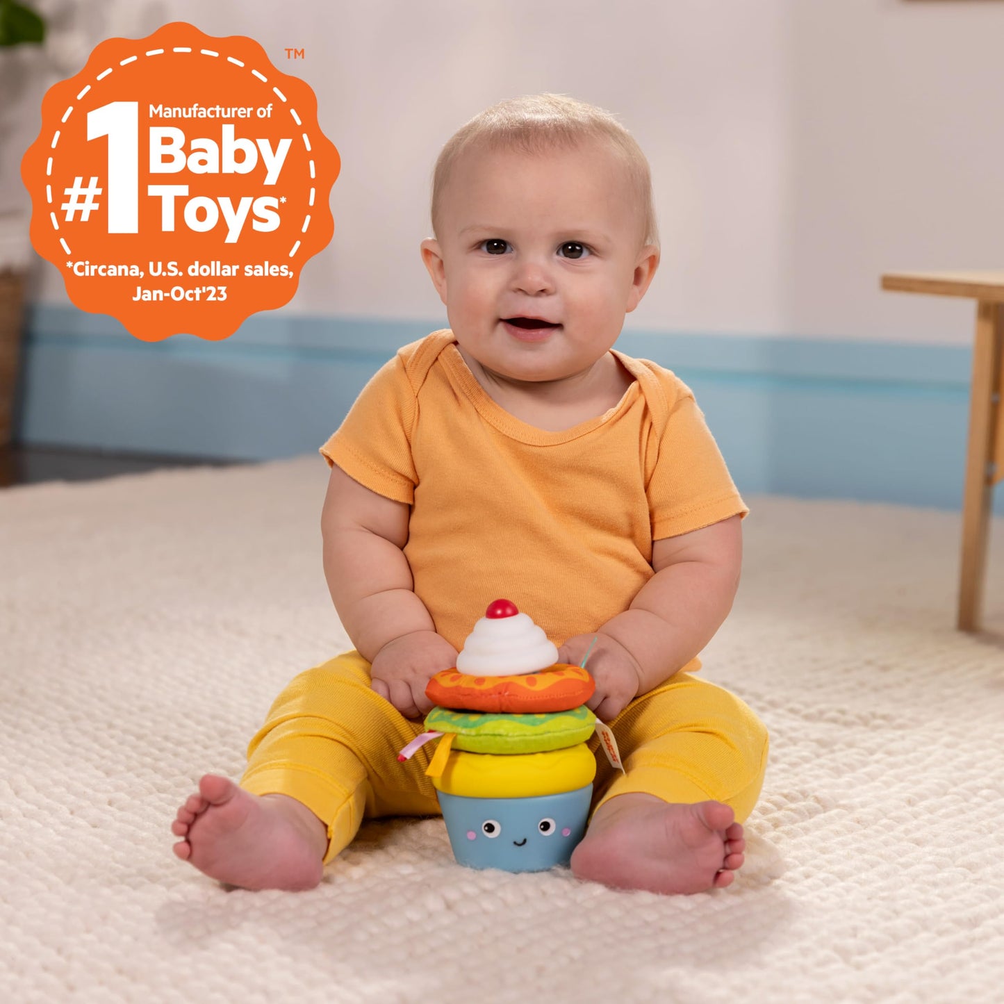 Bright Starts Treat Tower Stacking Toy with Teether in Cupcake and Donut Shapes, Develop Fine Motor Skills, Unisex, 6 Months+