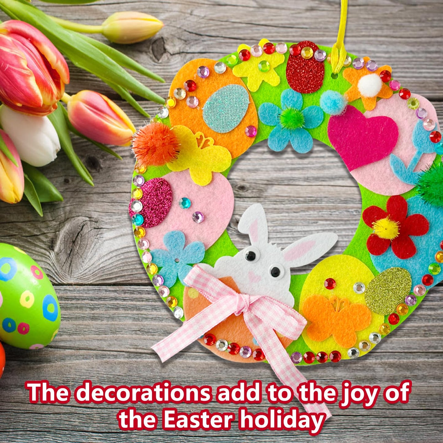 Jremreo 12 Sets DIY Easter Wreath Craft Kits, Foam Signs with Easter Egg, Bunny, and Chick Stickers, Pom-Poms, Googly Eyes, for