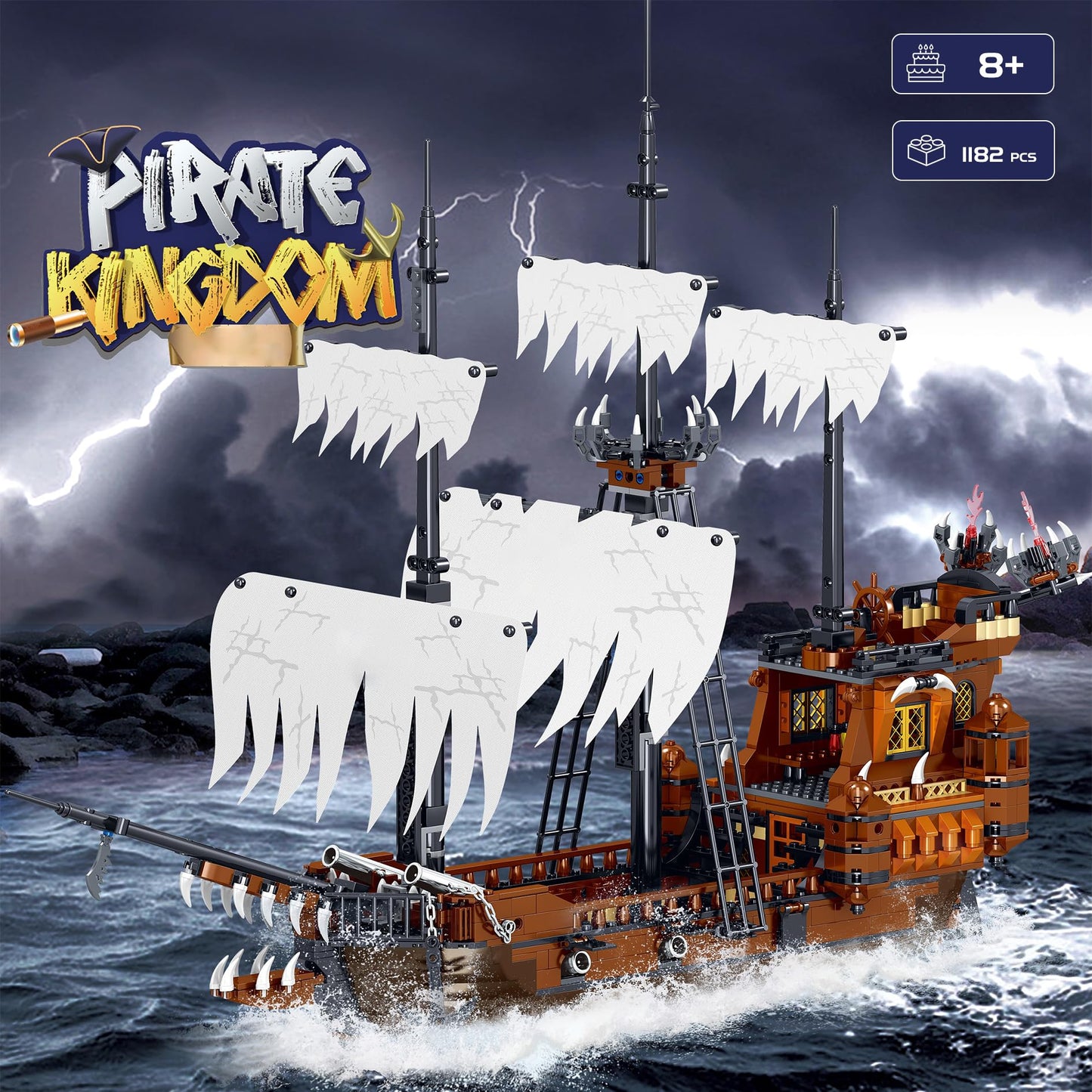 Hallisun Toy Building Block Set  Pirate Ship Regular Size Brick Model Kit  Creative Ship Building Construction  Christmas Birthday Gift for mature-themed Teens Children Kids Boys Girls 8+ 1182pcs