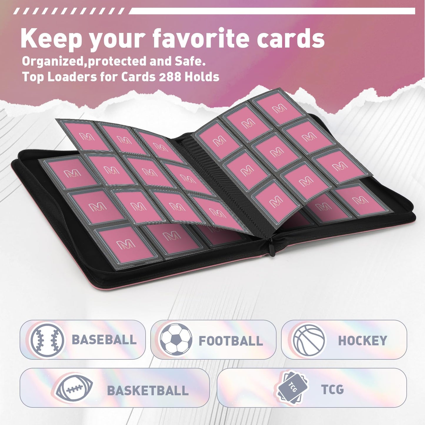 Toploader Binder Trading Card Binder Storage Hold up 288 Cards 9-Pocket Top Loader Binder with Sleeves for 3x4 Rigid Toploaders Hard Cases(9Pink7)
