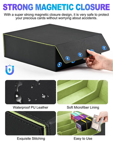 Uaono Card Storage Box For Trading Cards, 2400+ Mtg Commander Deck Box With 24Pcs Colorful Divider, Card Case Fits For Magic Tcg Ptcg Game Cards(Black&Lemon Green)