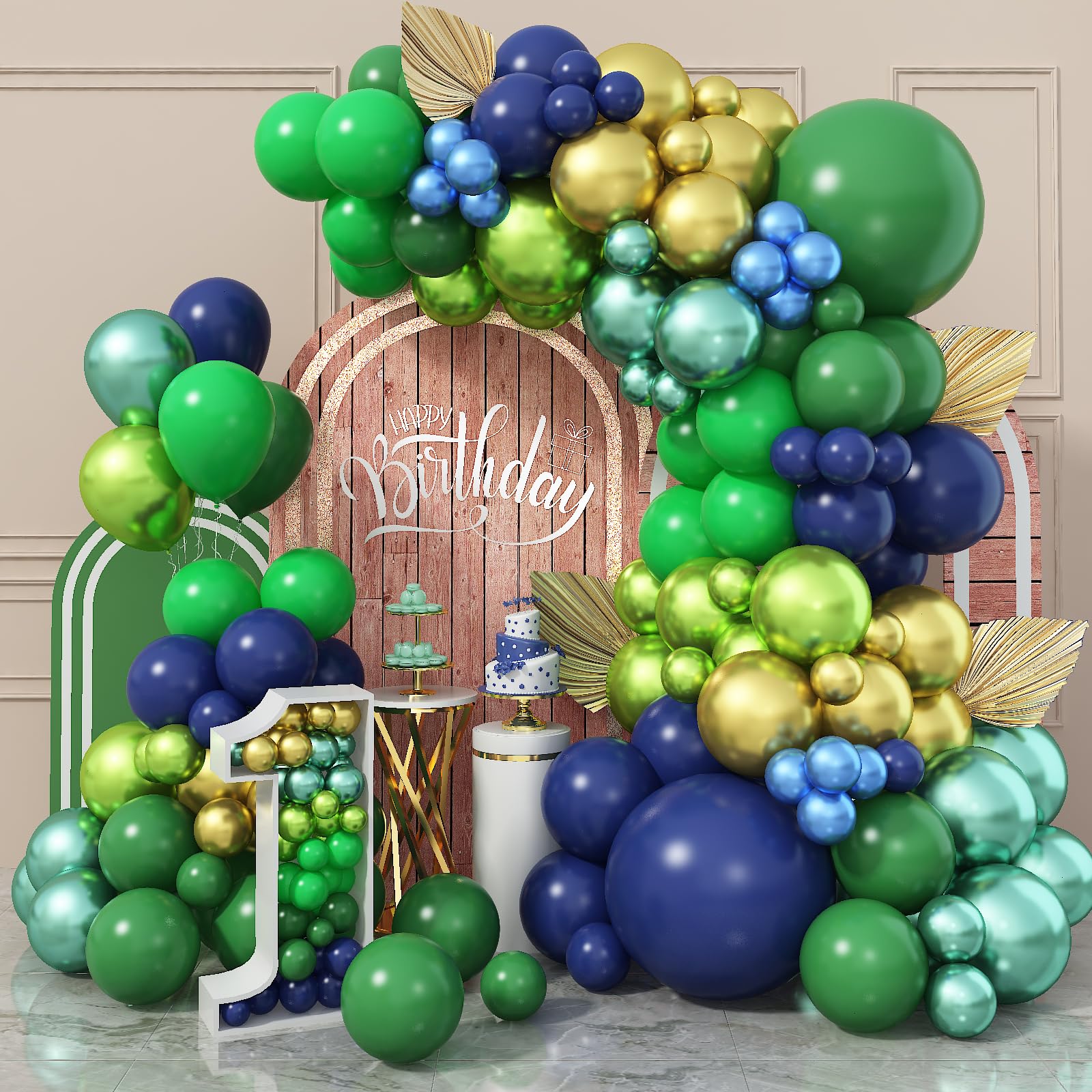 134Pcs Blue And Green Balloon Garland Kit, Navy Blue Dark Green Balloon Arch Kit With Metallic Chrome Green Blue Balloons, Blue