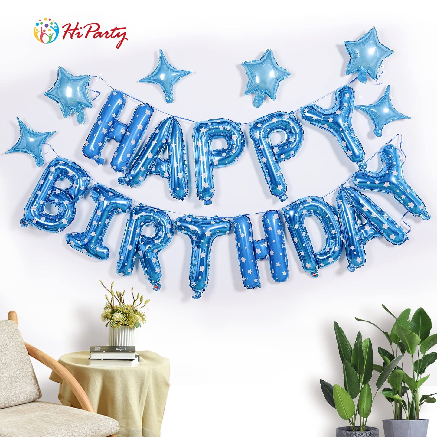 Hiparty Birthday Banner, 3D Mylar Foil Happy Birthday Balloons, 24Pcs Birthday Party Decorations With 6Pcs Star Balloons For Men