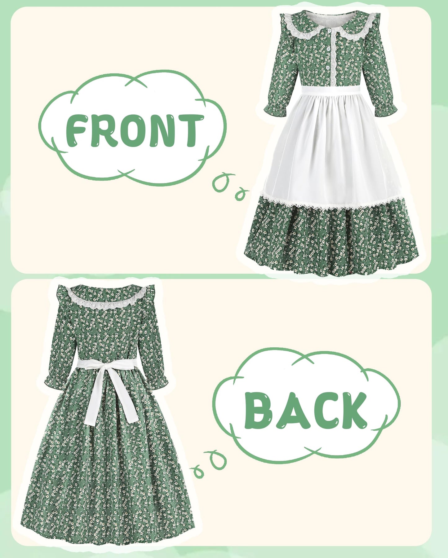 Aoiviss Girls Pioneer Costume Floral Colonial Prairie Dress For Little Kids With Apron And Bonnet, Green