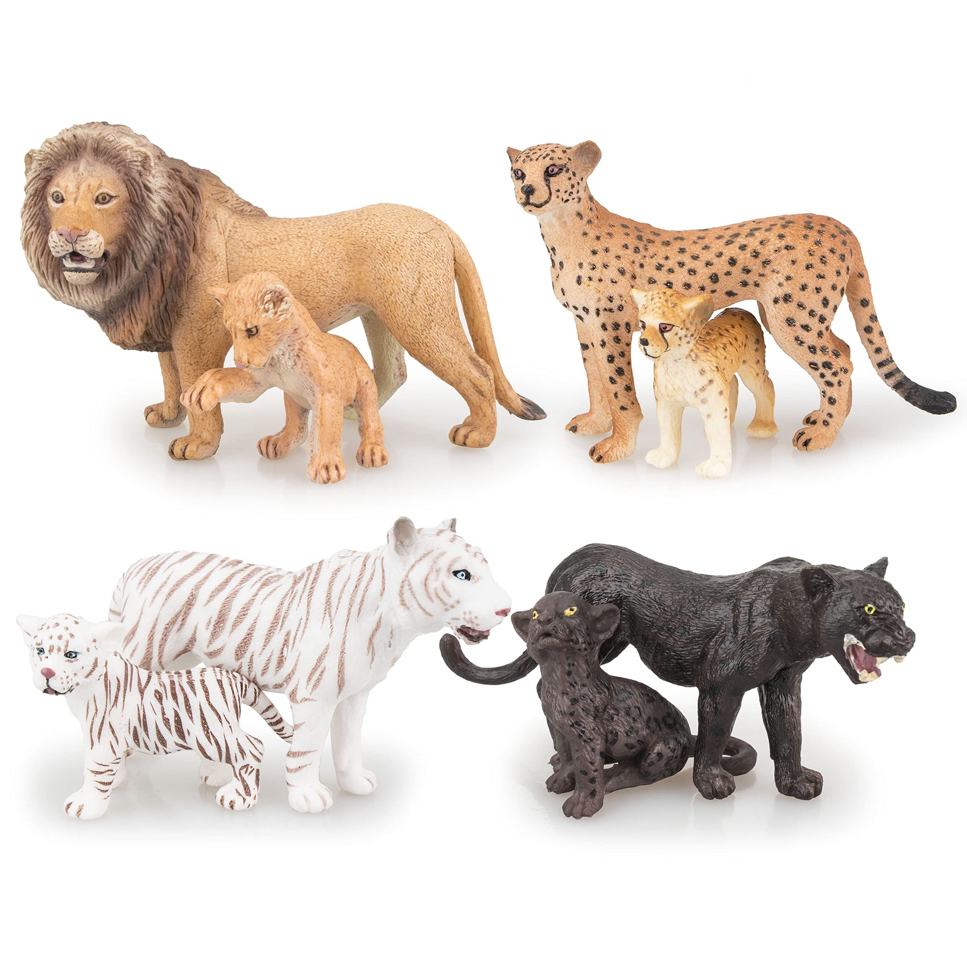 Toymany 8Pcs 2-5' Plastic Jungle Animals Figure Playset Includes Baby Animals, Realistic Lion,Tiger,Cheetah,Black Panther Figurines With Cub, Cake Toppers Christmas Birthday Toy Gift For Kids Toddlers
