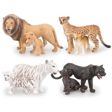Toymany 8Pcs 2-5' Plastic Jungle Animals Figure Playset Includes Baby Animals, Realistic Lion,Tiger,Cheetah,Black Panther Figurines With Cub, Cake Toppers Christmas Birthday Toy Gift For Kids Toddlers