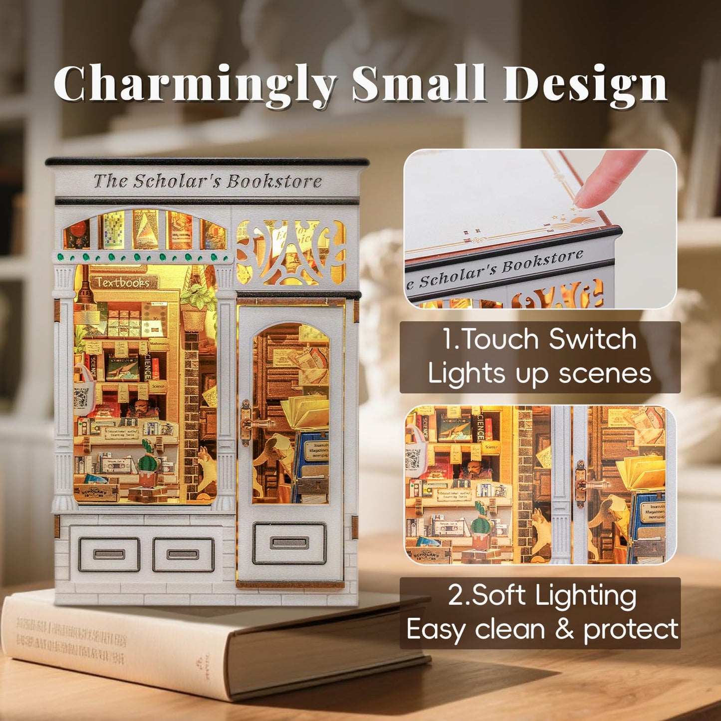 CUTEBEE DIY Book Nook Kit  Miniature House Kits for mature-themed and Teens  DIY Miniature Book Nook kit with Sensor Led Light  Gifts for Lovers and Family (The Scholar's Bookstore)