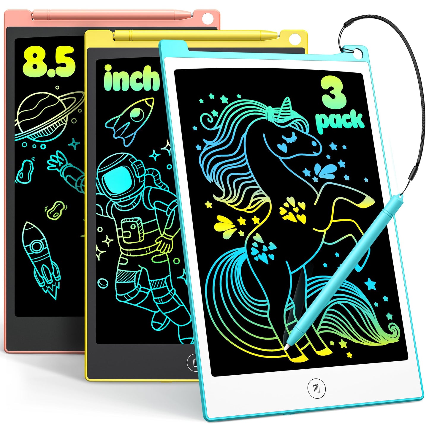 Tecjoe 3 Pack Lcd Writing Tablet, 8.5 Inch Colorful Doodle Board Drawing Tablet For Kids, Kids Travel Games Activity Learning Toys Birthday Gifts For 3 4 5 6 Year Old Boys Girls Toddlers Preschooler