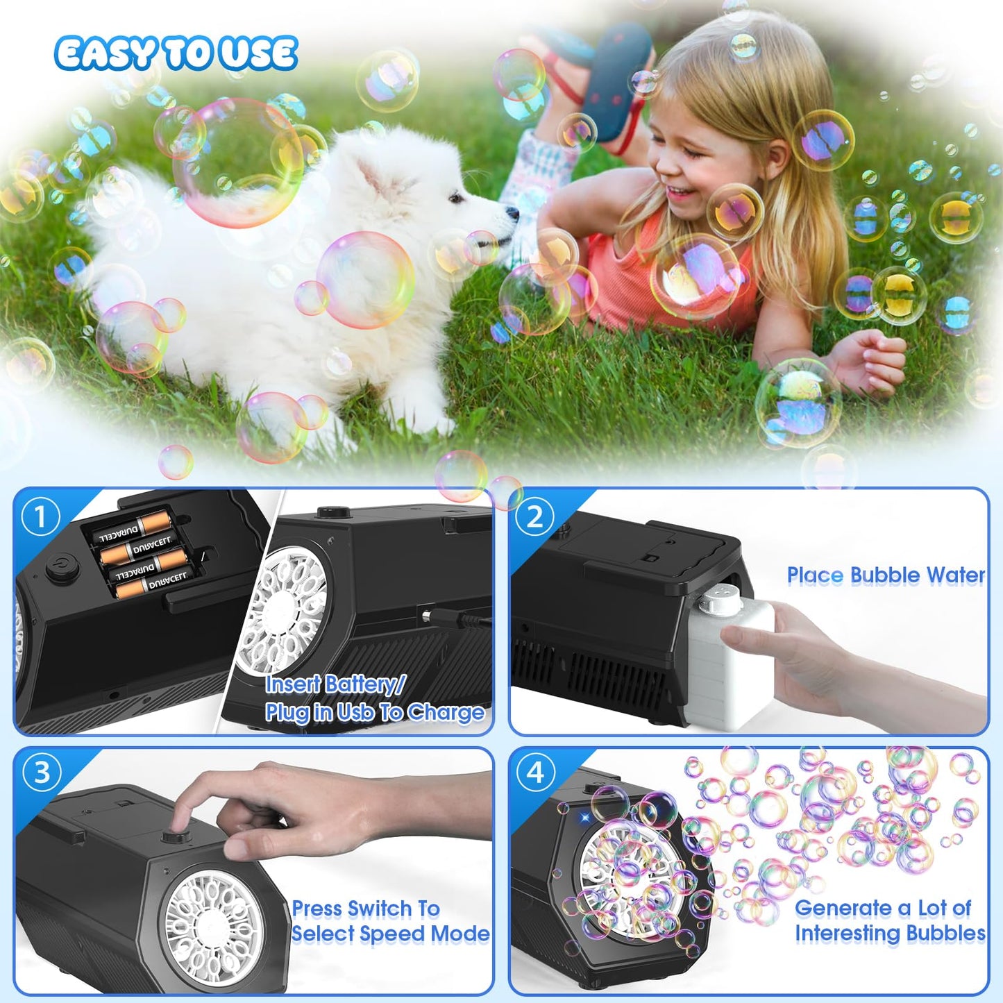 Panacare Automatic Bubble Machine Portable Bubble Blower With Led Lights /240Ml Bubble Solution/10000+ Bubbles Per Minute/12Holes Bubble For Outdoor/Indoor Wedding Party Birthday Gifts (Black)