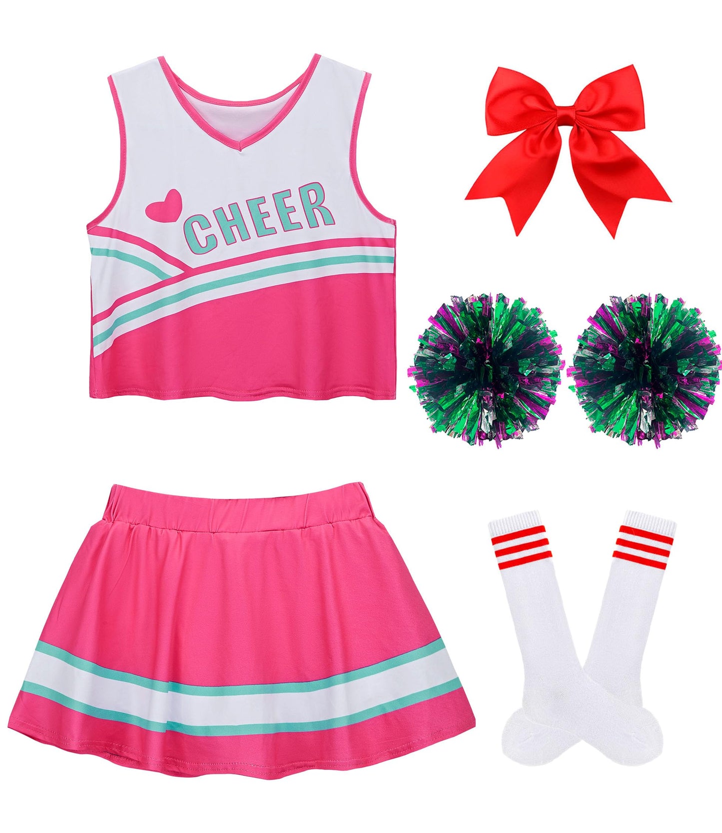 Hanerreal Cheerleader Costume For Girls, Cheer Uniform Dress Up Outfit With Accessories (Pink, Medium(4-5 T))