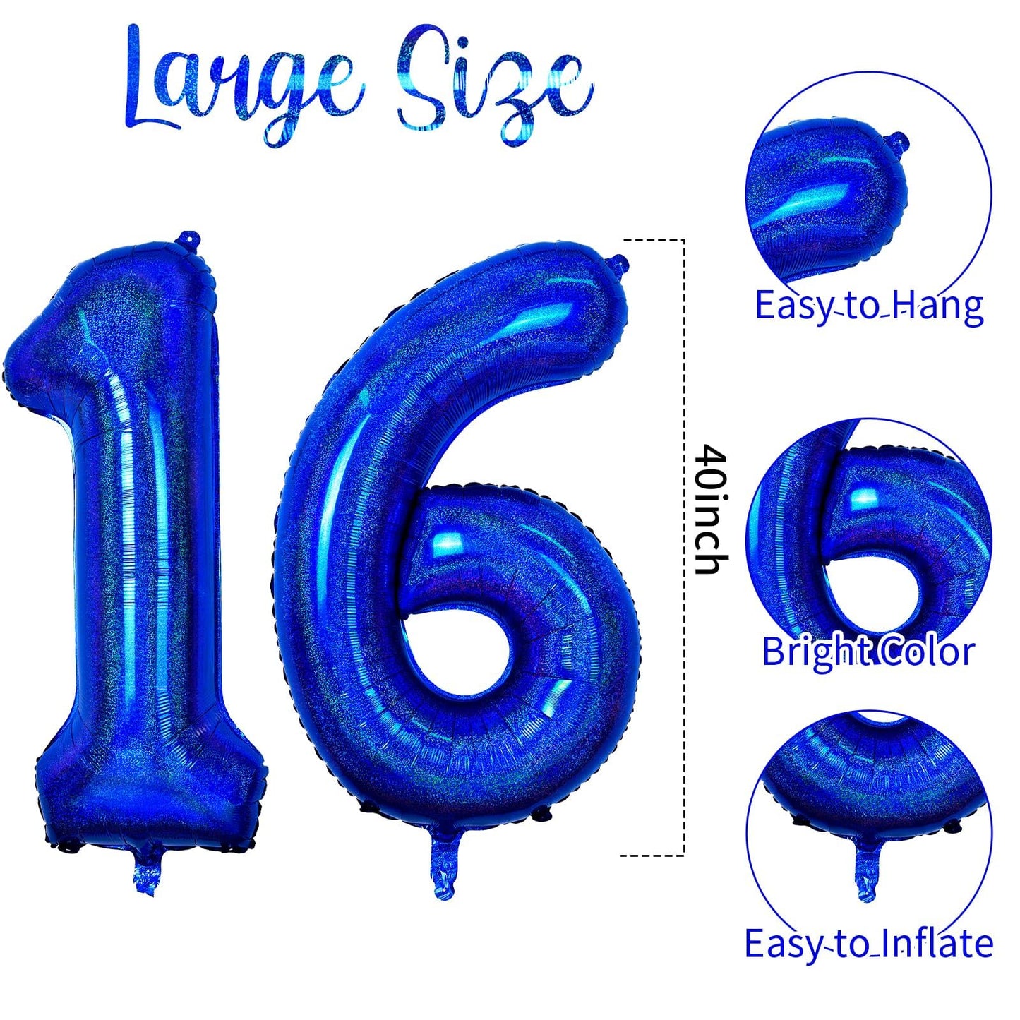 Number 16 Balloon 40 Inch, Laser Blue Big Number Balloon, Giant Mylar 16Th Balloons Number, Helium Birthday Balloons For Teenage
