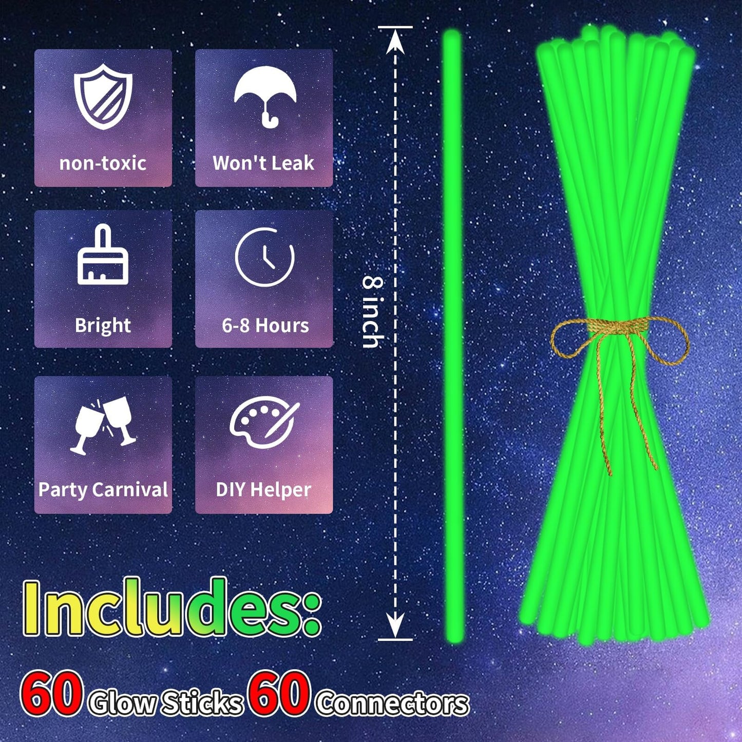 Taikula 60 Pack 8    Green Glow Sticks Bulk with 60 Connectors Neon Glow In The Dark Party favors Supplies for Holiday Birthday