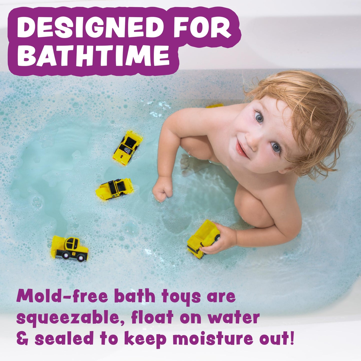 Tub Works® Construction™ Trucks Bath Toys, 6 Pack - Mold Free, Soft & Squeezable, Float on Water - Ideal for Babies & Toddlers, Yellow