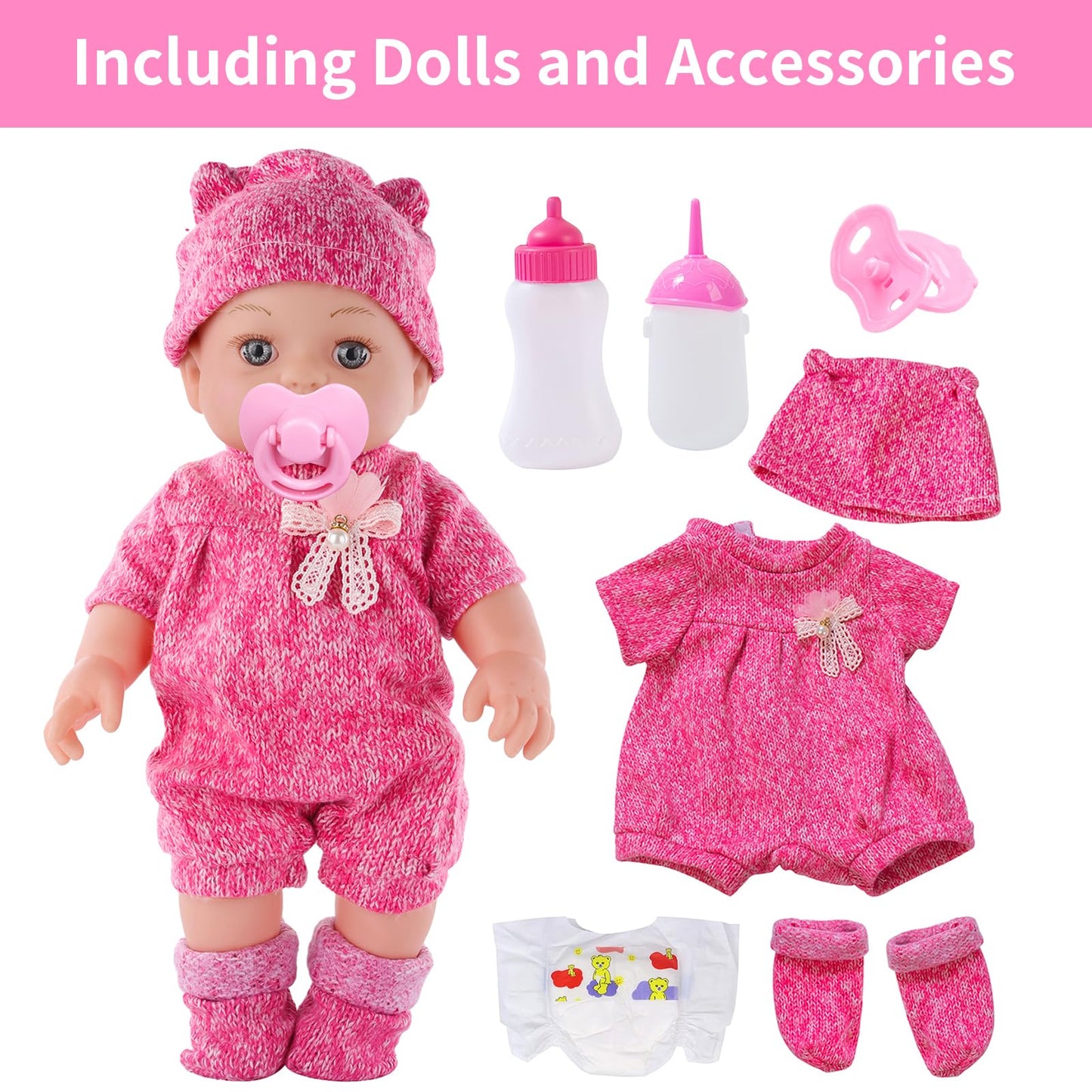 Dontno 12 Inch Baby Doll With Clothes And Accessories, Reborn Alive Baby Doll Feeding And Caring Set With Baby Bottles Diaper Nipple For Little Girls Pretend Play Set