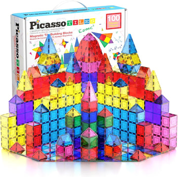 PicassoTiles 100 Piece Magnetic Playboards Tiles Set Magnet Toys for Toddlers STEM Building Blocks Sensory Creative Kids Manipul